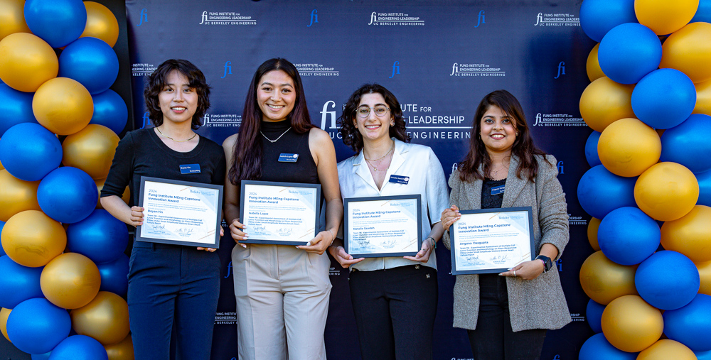 photo of the members of the 2024 MEng capstone innovation award team, four women, holding their award certificates