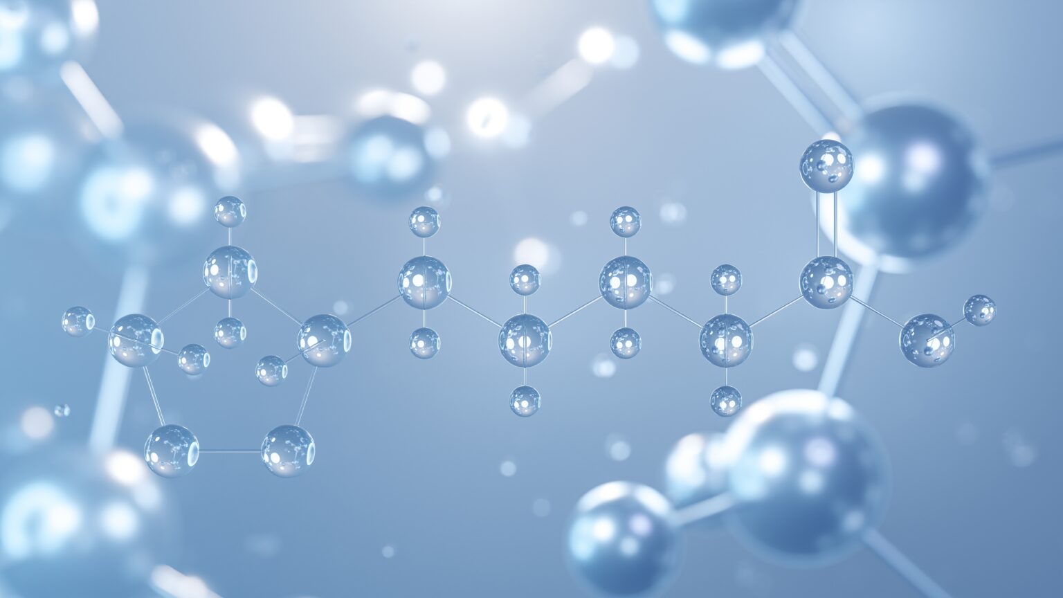 Illustration of alpha-lipoic acid molecular structure, as clear bubbles on a light blue background