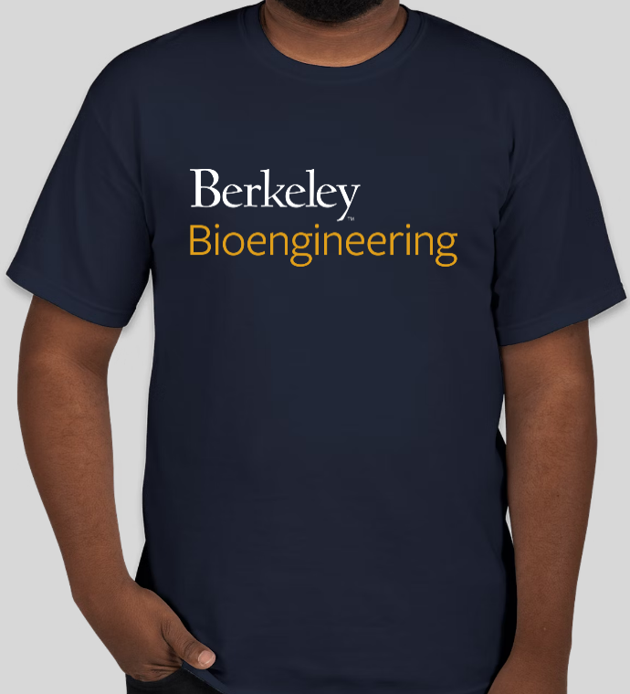 mockup photo of navy blue unisex tee with large berkeley bioengineering logo on chest