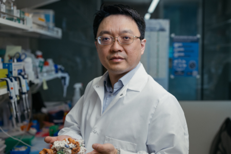 waist-up photo of Li in lab coat, holding molecular model in front of lab bench
