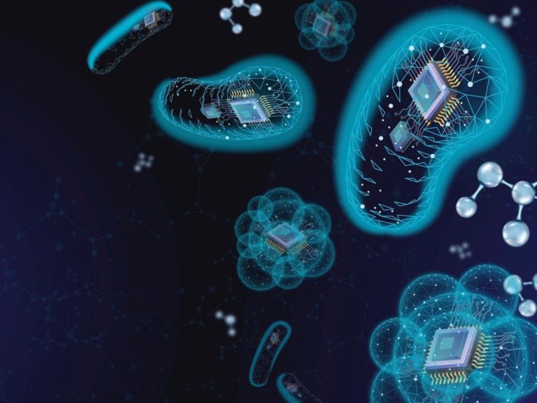 An illustration imagining the molecular machinery inside microbes as technology. By Wayne Keefe of Berkeley Lab.