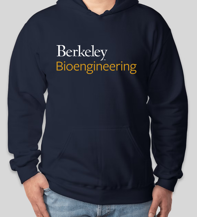 mockup photo of navy blue hoodie with large berkeley bioengineering logo on chest