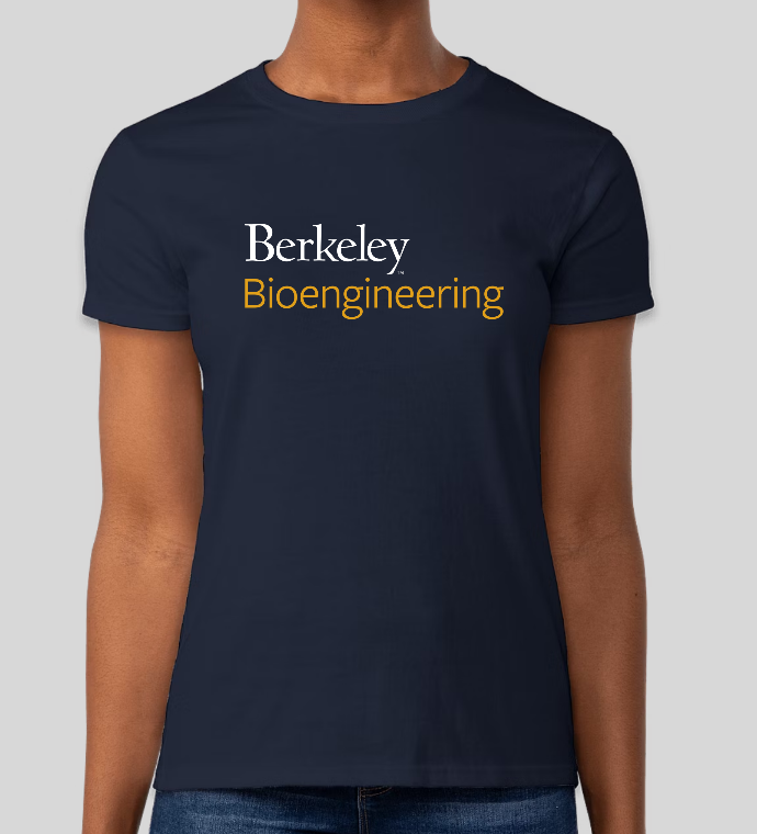 mockup photo of navy blue womens's tee with large berkeley bioengineering logo on chest