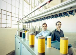 Photo of Bolt Threads cofounders Dan Widmaier (left) and David Breslauer in their manufacturing facility