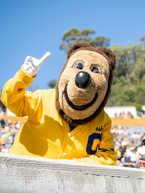 Photo of Oski Bear making the #1 finger sign in the stands of Memorial Stadium