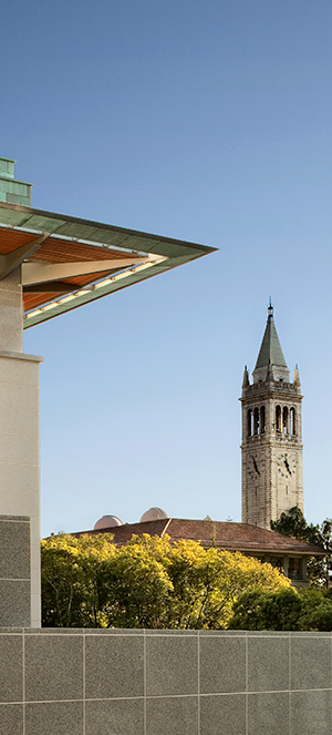 Vertically cropped photo of the campanile and the corner of Stanley Hall