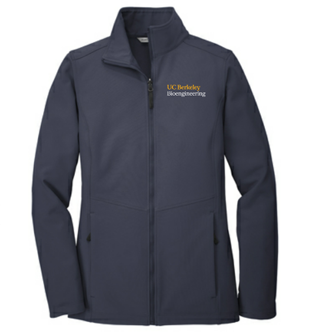 photo of navy jacket with bioe logo on left chest